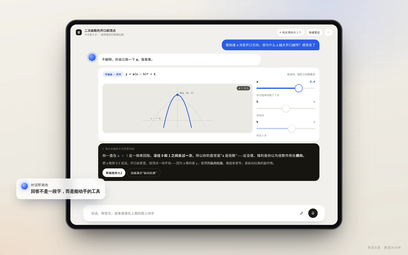 对话里直接出现可拖动的函数图，边改参数边看图像变化。